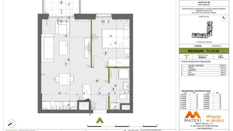 Rzut - Mieszkanie na sprzedaż 2 pokoje o powierzchni 39,64 m² - numer F1.C.03.05 w XYZ Place