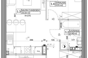 Rzut - Mieszkanie na sprzedaż 3 pokoje o powierzchni 56,89 m² - numer 74B w Osiedle Młodych etap VII