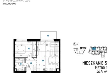 Rzut - Mieszkanie na sprzedaż 2 pokoje o powierzchni 46,3 m² - numer 6A.5 w Parkowa 6AC - ETAP III