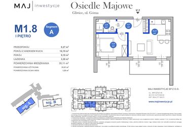 Rzut - Mieszkanie na sprzedaż 2 pokoje o powierzchni 33,91 m² - numer M1.8 w Osiedle Majowe 2.0 etap II