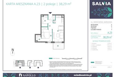 Rzut - Mieszkanie na sprzedaż 2 pokoje o powierzchni 38,29 m² - numer A.23 w Osiedle Salvia