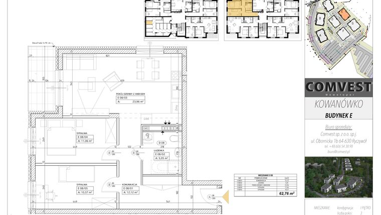 Rzut - Mieszkanie na sprzedaż 3 pokoje o powierzchni 62,76 m² - numer E8 w Kowanówko