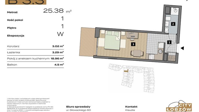 Rzut - Mieszkanie na sprzedaż 1 pokój o powierzchni 25,38 m² - numer B 3.3 w City Łobzów