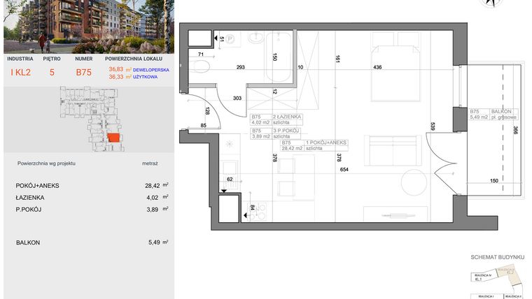 Rzut - Mieszkanie na sprzedaż 1 pokój o powierzchni 36,33 m² - numer I-B75 w Industria etap I-B