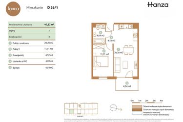 Rzut - Mieszkanie na sprzedaż 2 pokoje o powierzchni 40,52 m² - numer D26-1 w Fauna
