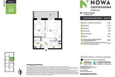 Rzut - Mieszkanie na sprzedaż 2 pokoje o powierzchni 49,56 m² - numer D25 w Nowa Częstochowa Małopolska etap II