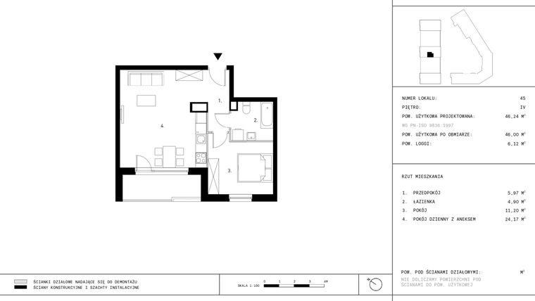 Rzut - Mieszkanie na sprzedaż 2 pokoje o powierzchni 46 m² - numer A9.P4 w Nocznickiego 29 bud. A