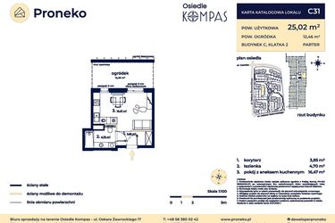 Rzut - Mieszkanie na sprzedaż 1 pokój o powierzchni 25,02 m² - numer C31 w Osiedle Kompas