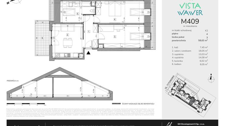 Rzut - Mieszkanie na sprzedaż 3 pokoje o powierzchni 58,63 m² - numer M409 w Vista Wawer