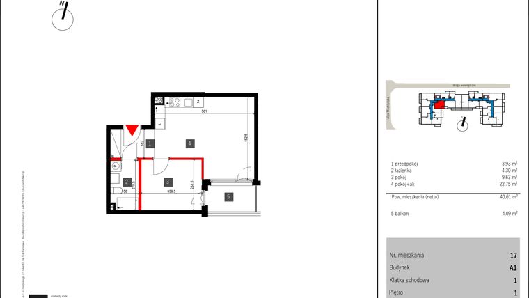 Rzut - Mieszkanie na sprzedaż 2 pokoje o powierzchni 40,61 m² - numer 17 w Mochtyńska 56