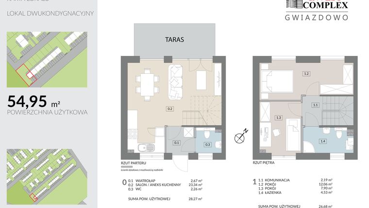 Rzut - Mieszkanie na sprzedaż 3 pokoje o powierzchni 54,95 m² - numer O5.1 w Osiedle Gwiazdowo etap 9