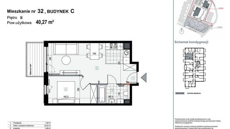 Rzut - Mieszkanie na sprzedaż 2 pokoje o powierzchni 40,27 m² - numer C.M32 w Apartamenty Kopernika