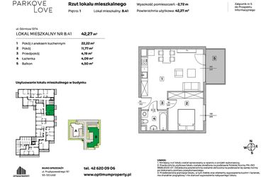 Rzut - Mieszkanie na sprzedaż 2 pokoje o powierzchni 42,27 m² - numer B.41 w Parkove Love