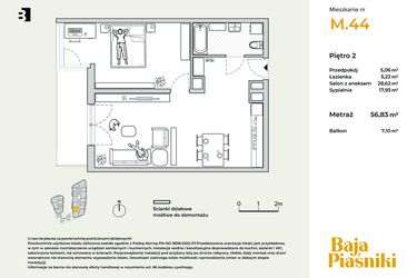 Rzut - Mieszkanie na sprzedaż 2 pokoje o powierzchni 56,83 m² - numer M44 w Baja Piaśniki
