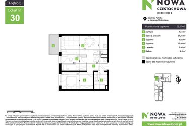 Rzut - Mieszkanie na sprzedaż 3 pokoje o powierzchni 56,1 m² - numer M30 w Nowa Częstochowa Mościckiego