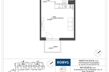 Rzut - Mieszkanie na sprzedaż 1 pokój o powierzchni 28,38 m² - numer RM/2A/A/2/3 w Rytm Mokotowa - etap 2A