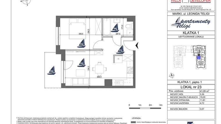 Rzut - Mieszkanie na sprzedaż 2 pokoje o powierzchni 41,09 m² - numer 23 w Apartamenty Teligi