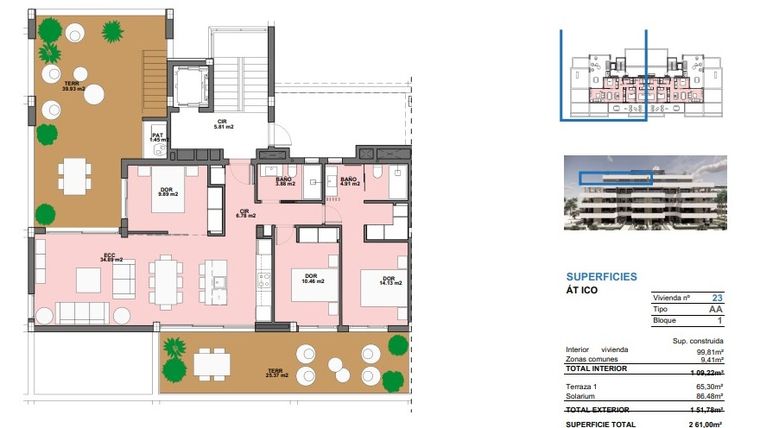 Rzut - Mieszkanie na sprzedaż 3 pokoje o powierzchni 261 m² - numer 23 w Penthouse w Torre-Pacheco - 41454562