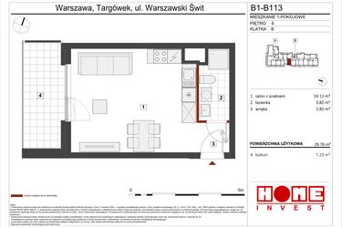 Rzut - Mieszkanie na sprzedaż 1 pokój o powierzchni 29,76 m² - numer B1-B113 w Warszawski Świt etap VIII