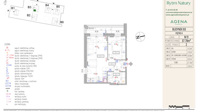 Rzut - Mieszkanie na sprzedaż 2 pokoje o powierzchni 37,78 m² - numer B3M9 w Rytm Natury