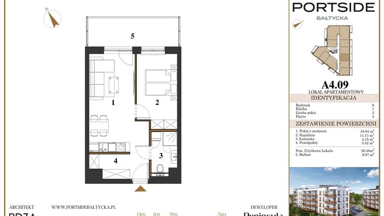 Rzut - Mieszkanie na sprzedaż 2 pokoje o powierzchni 39,48 m² - numer A4.09 w Portside Bałtycka