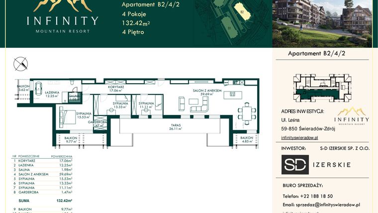Rzut - Mieszkanie na sprzedaż 4 pokoje o powierzchni 132,42 m² - numer B2.4.2 w Infinity Mountain Resort