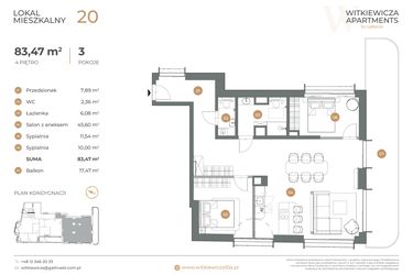 Rzut - Mieszkanie na sprzedaż 3 pokoje o powierzchni 83,47 m² - numer 20 w Witkiewicza Apartments