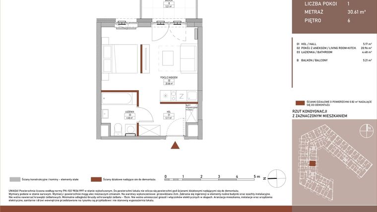Rzut - Mieszkanie na sprzedaż 1 pokój o powierzchni 30,61 m² - numer A.7.55 w Żurawie