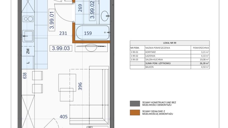 Rzut - Mieszkanie na sprzedaż 1 pokój o powierzchni 26,39 m² - numer 99 w Osiedle Zycha