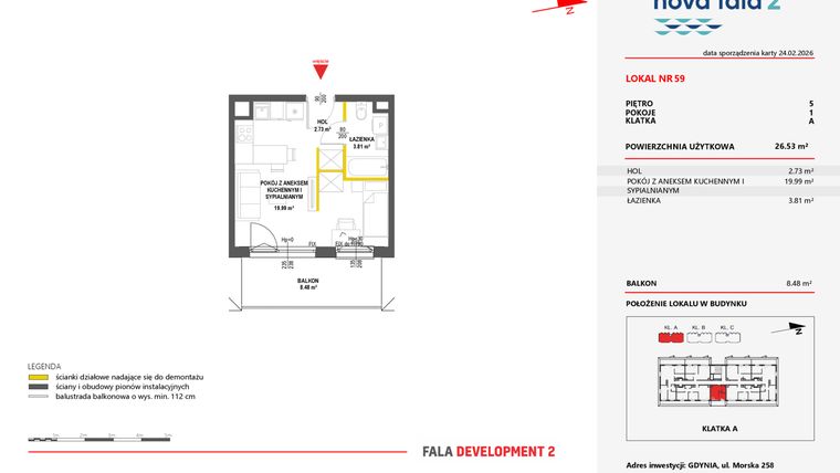 Rzut - Mieszkanie na sprzedaż 1 pokój o powierzchni 26,53 m² - numer 59 w Miasteczko Nova Fala 2