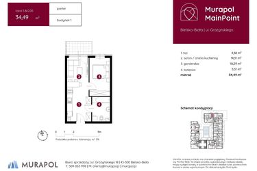 Rzut - Mieszkanie na sprzedaż 1 pokój o powierzchni 34,49 m² - numer 1.A.0.06 w Murapol MainPoint