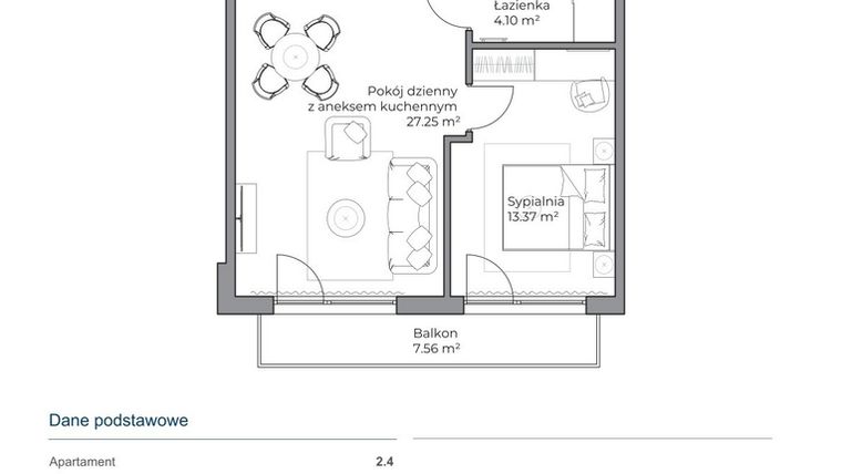 Rzut - Mieszkanie na sprzedaż 2 pokoje o powierzchni 44,72 m² - numer B.2.4 w Anchoria Holiday