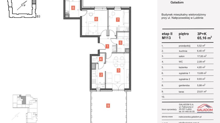 Rzut - Mieszkanie na sprzedaż 3 pokoje o powierzchni 65,16 m² - numer M-113 w Nałęczowska etap II