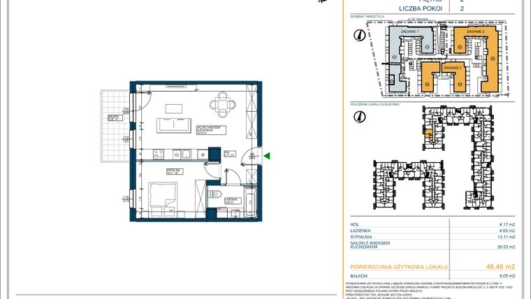 Rzut - Mieszkanie na sprzedaż 2 pokoje o powierzchni 48,46 m² - numer 156 w Osiedle Hemara - etap III bud. 2 i 3