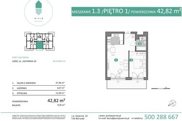 Rzut - Mieszkanie na sprzedaż 2 pokoje o powierzchni 42,82 m² - numer 01.1.3 w Port Jastarnia bud. 01, 04
