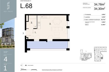 Rzut - Mieszkanie na sprzedaż 1 pokój o powierzchni 34,78 m² - numer L68 w Sky Trust etap II - Apartamenty inwestycyjne