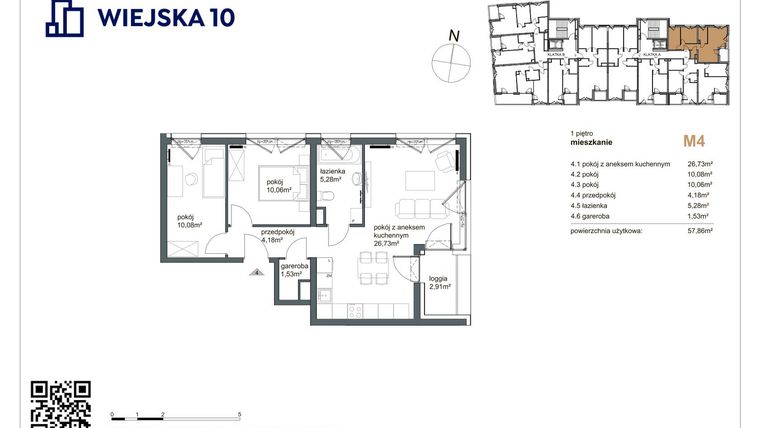 Rzut - Mieszkanie na sprzedaż 3 pokoje o powierzchni 57,86 m² - numer 4 w Wiejska 10