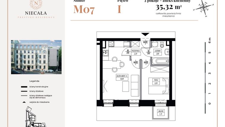 Rzut - Mieszkanie na sprzedaż 2 pokoje o powierzchni 35,32 m² - numer 7 w Niecała Prestige Residence
