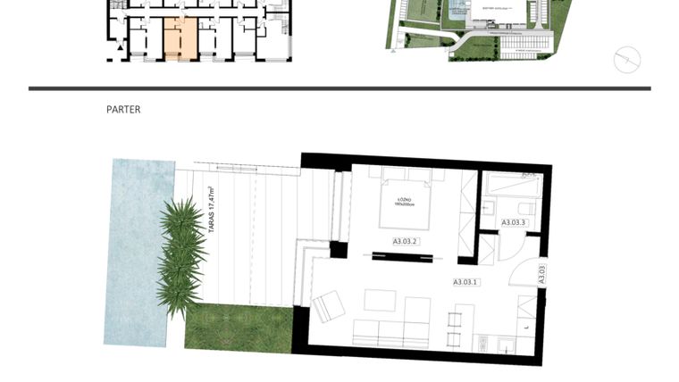 Rzut - Mieszkanie na sprzedaż 2 pokoje o powierzchni 39,46 m² - numer A3.03 w Apartamenty Dźwirzyno