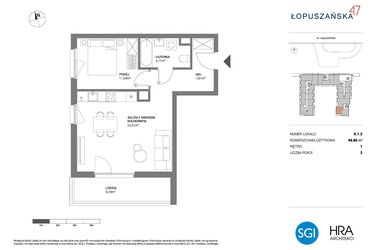 Rzut - Mieszkanie na sprzedaż 2 pokoje o powierzchni 49,65 m² - numer K.1.2 w Łopuszańska 47 - etap 3