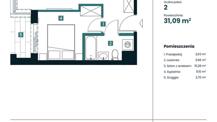 Rzut - Mieszkanie na sprzedaż 1 pokój o powierzchni 31,09 m² - numer M206 w Sea Breeze