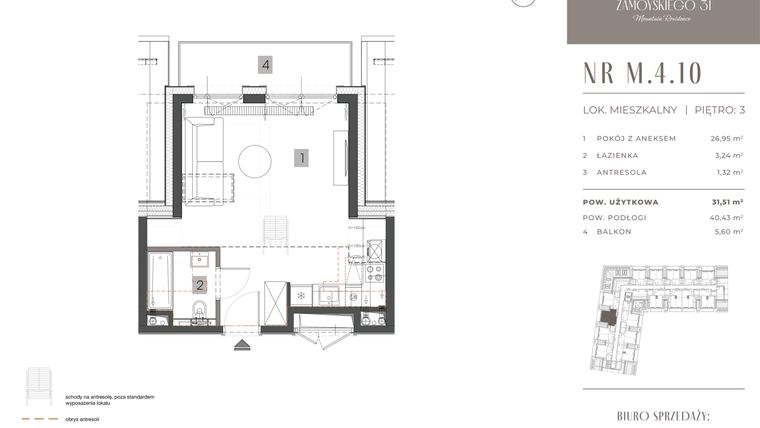 Rzut - Mieszkanie na sprzedaż 1 pokój o powierzchni 31,51 m² - numer M.4.10 w Zamoyskiego 31