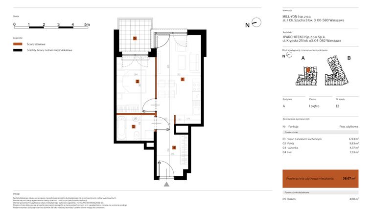 Rzut - Mieszkanie na sprzedaż 2 pokoje o powierzchni 38,67 m² - numer 12 w MY Głębocka
