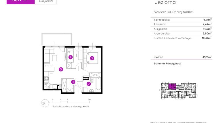 Rzut - Mieszkanie na sprzedaż 2 pokoje o powierzchni 43,11 m² - numer 27.A.1.8 w Murapol Siewierz Jeziorna bud. 27 i 28