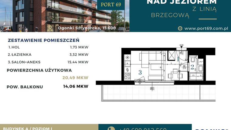 Rzut - Mieszkanie na sprzedaż 1 pokój o powierzchni 20,49 m² - numer A-24 w Port 69