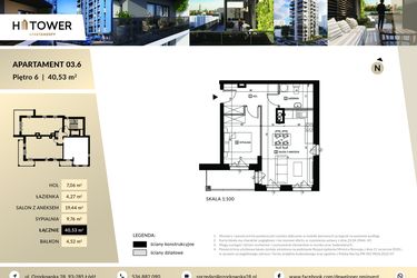 Rzut - Mieszkanie na sprzedaż 2 pokoje o powierzchni 40,53 m² - numer Hi 03.6 w Hi Tower