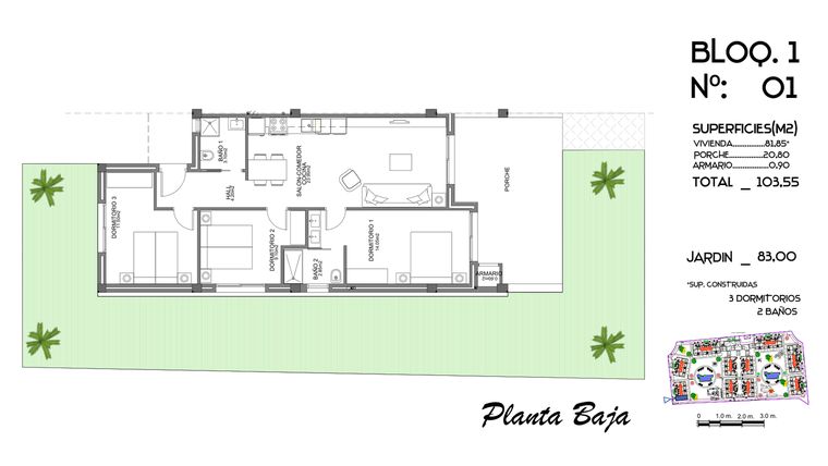 Rzut - Mieszkanie na sprzedaż 3 pokoje o powierzchni 103,55 m² - numer 1 w Mieszkania w Guardamar del Segura - 58228876