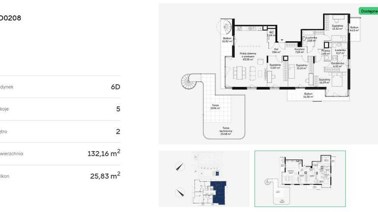 Rzut - Mieszkanie na sprzedaż 5 pokoi o powierzchni 132,16 m² - numer 6D0208 w Jaśminowy Mokotów etap VI