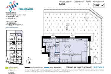 Rzut - Mieszkanie na sprzedaż 1 pokój o powierzchni 33,85 m² - numer B/1/10 w Osiedle Hawelańska etap III - bud. B