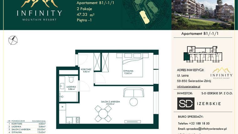 Rzut - Mieszkanie na sprzedaż 2 pokoje o powierzchni 47,33 m² - numer B1/-1/1 w Infinity Mountain Resort etap 2